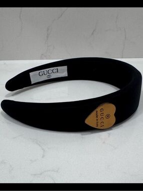 Gucci Black Padded Headband with Gold Heart Logo
